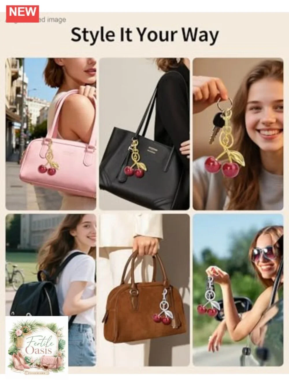 2 Pack Cherry Bag Charm Keychain, Resin & Metal Purse Accessory for Women